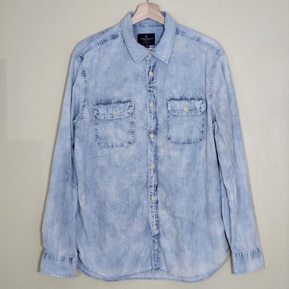 American Eagle Shirt Mens L Blue Collared Button Up LS Denim Faded Hippie Grunge - Picture 1 of 16